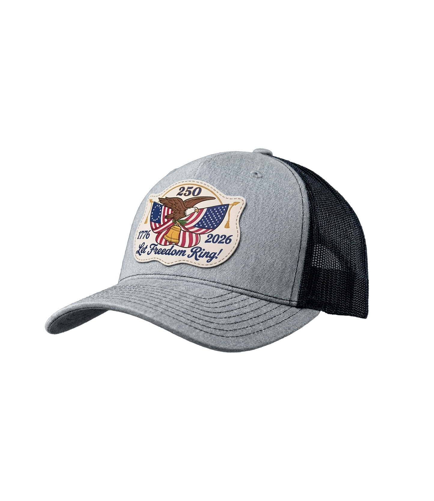 The Alex Jones Store - Side view of gray and black America 250 'Let Freedom Ring' patch trucker hat with eagle and dual flag design