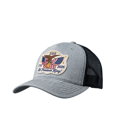The Alex Jones Store - Side view of gray and black America 250 'Let Freedom Ring' patch trucker hat with eagle and dual flag design