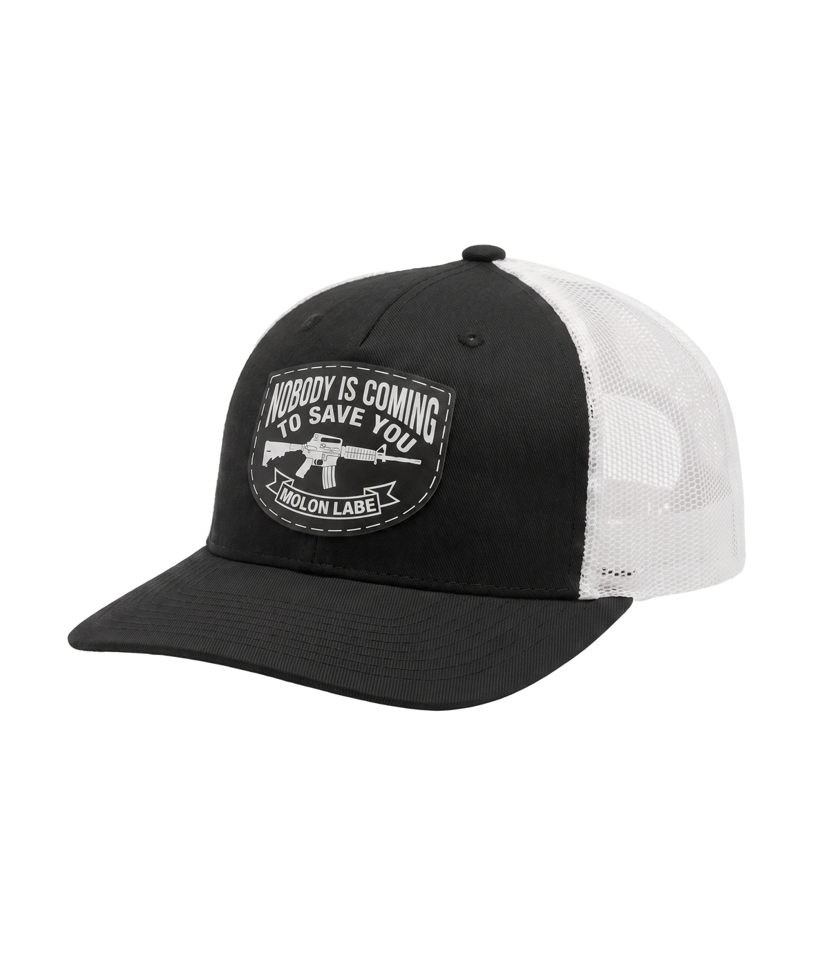 The Alex Jones Store - Side angle of black and white Nobody Is Coming To Save You trucker hat showing pre-curved visor and white mesh back panel