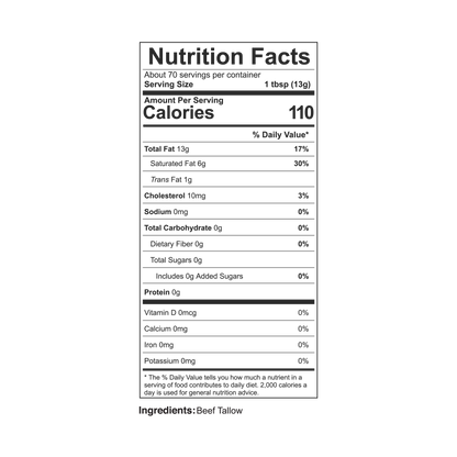 Alex Jones Naturals - Pure Grass-Fed Beef Tallow — Nutrition Facts panel for Beef Tallow showing 110 calories, 13g fat, 70 servings per container, single ingredient