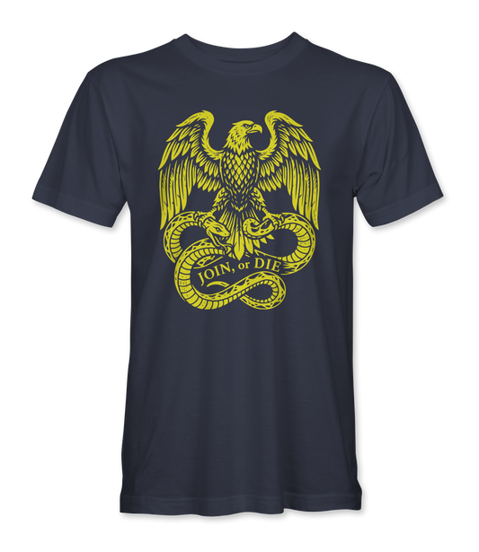 The Alex Jones Store - Front of navy Join Or Die Eagle t-shirt with gold woodcut eagle gripping two snakes above a JOIN or DIE banner