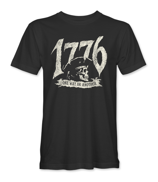 The Alex Jones Store - Front of black 1776 One Way Or Another t-shirt with distressed skull between the numerals and banner below