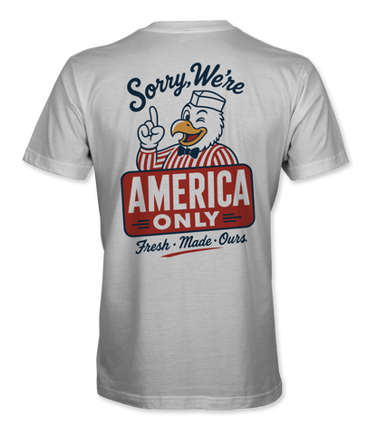 The Alex Jones Store - Back of white Sorry We're America Only t-shirt with vintage diner eagle mascot and red America Only sign