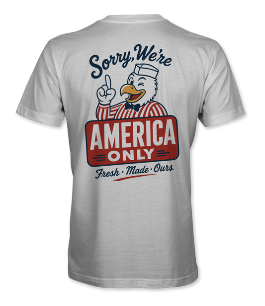 The Alex Jones Store - Back of white Sorry We're America Only t-shirt with vintage diner eagle mascot and red America Only sign