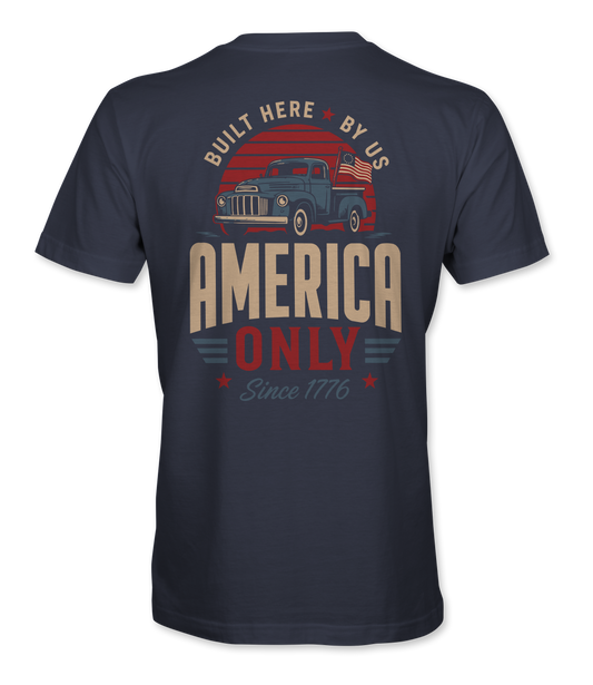 The Alex Jones Store - Back of navy America Only Built Here By Us t-shirt with vintage pickup truck, Betsy Ross flag and striped sunset